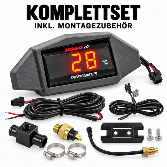 Koso Temperaturanzeige Komplettset mit Halterung, Kabeln, Sensoren, Kühlwasserschlauchadapter und Montagezubehör